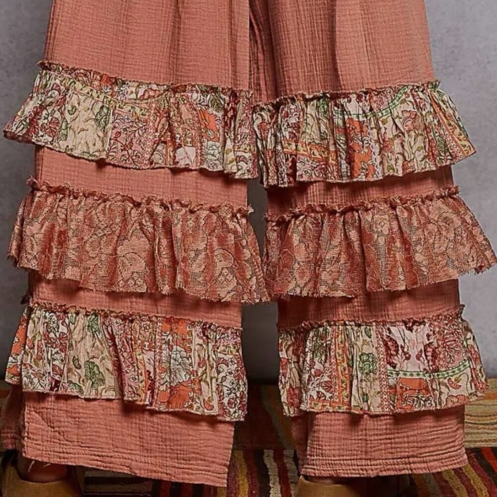 POL Flowy Wide Leg Palazzo Ruffle Salmon Pink Pants Boho Western Size L Gauze - Picture 7 of 11